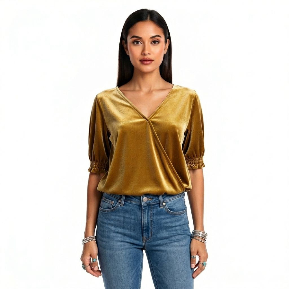 Madewell Egyptian Gold Velvet Smocked V-Neck Crossover Blouse - Small